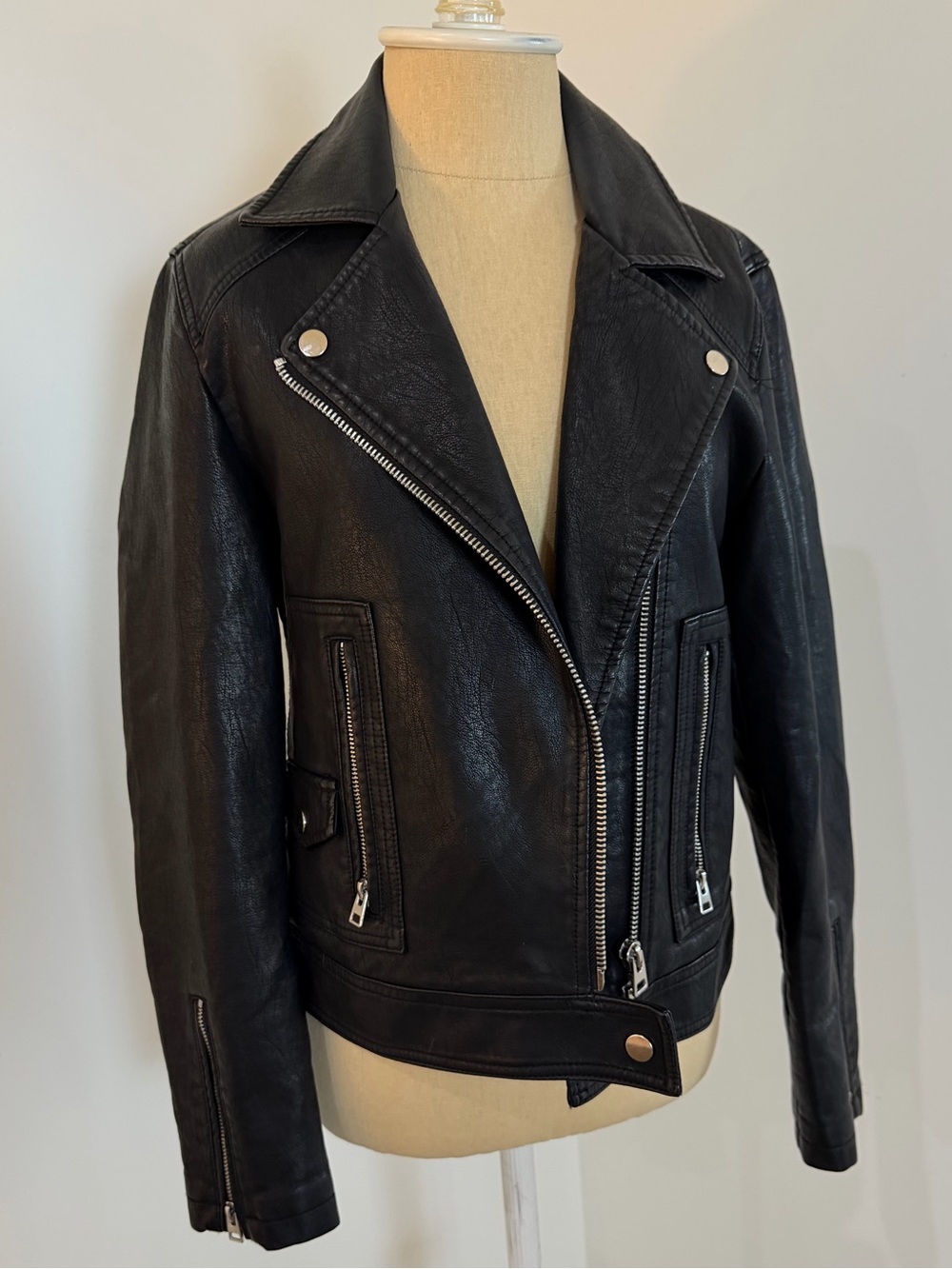 Topshop Black faux Leather Moto Jacket with Silver Hardware